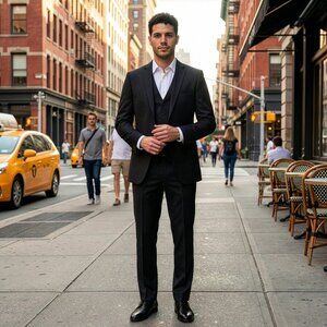 New 2026 Mens 3pc Sharkskin Black Suit Set, Slim Fit